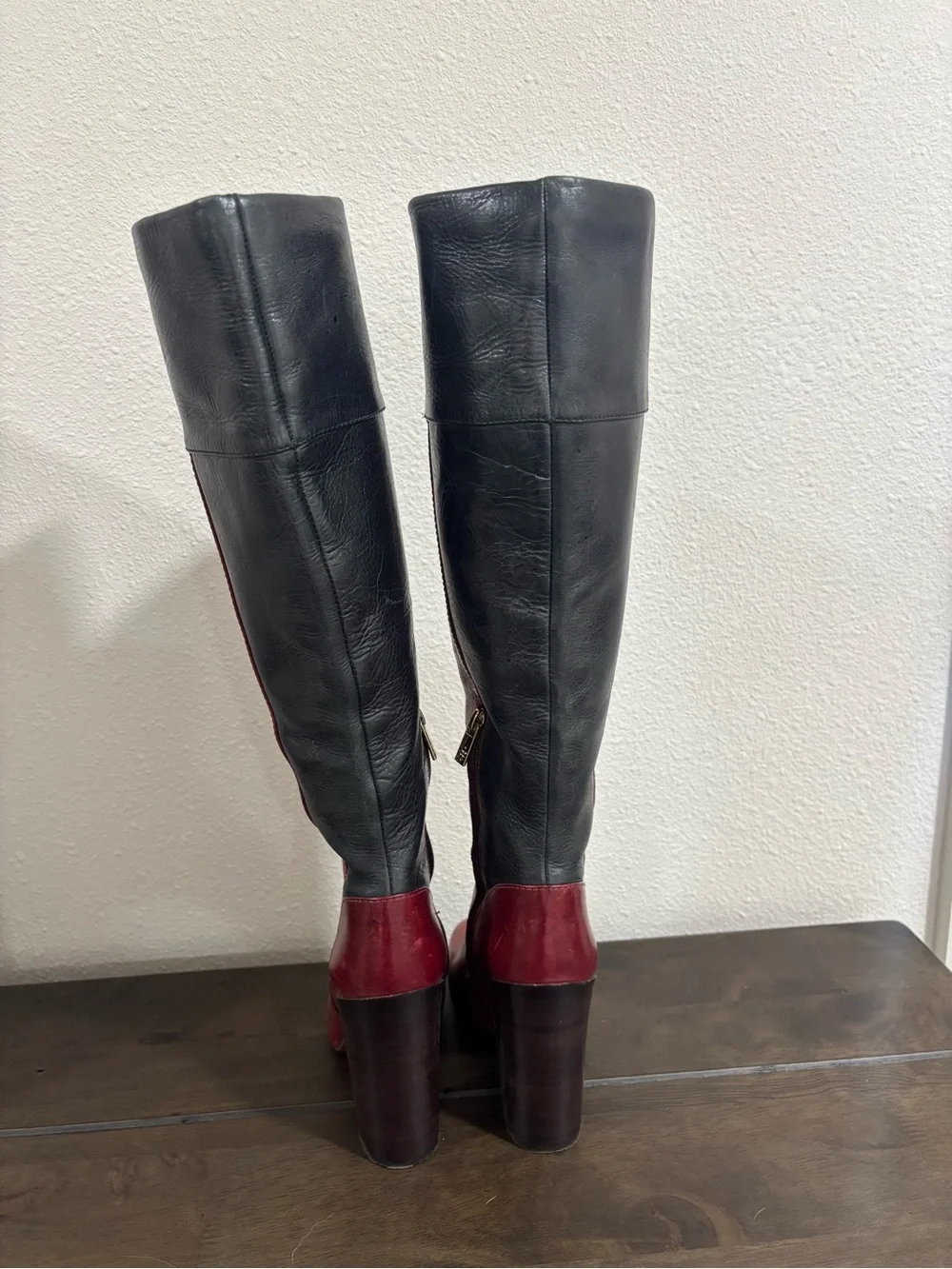 Tory Burch Two-Tone Red and Black Knee-High Leather Boots